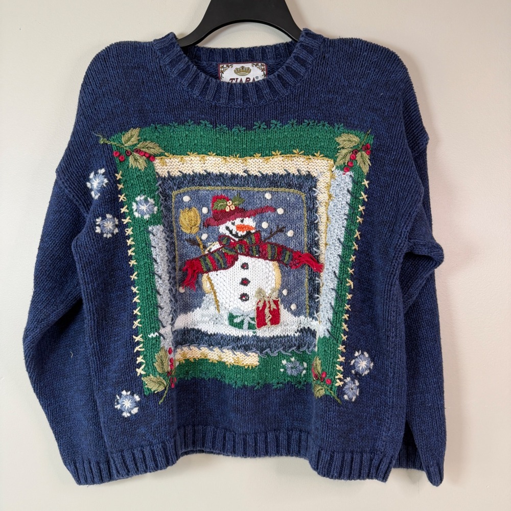 Tiara International Sweater LG Christmas Snowman Embroidered Knit